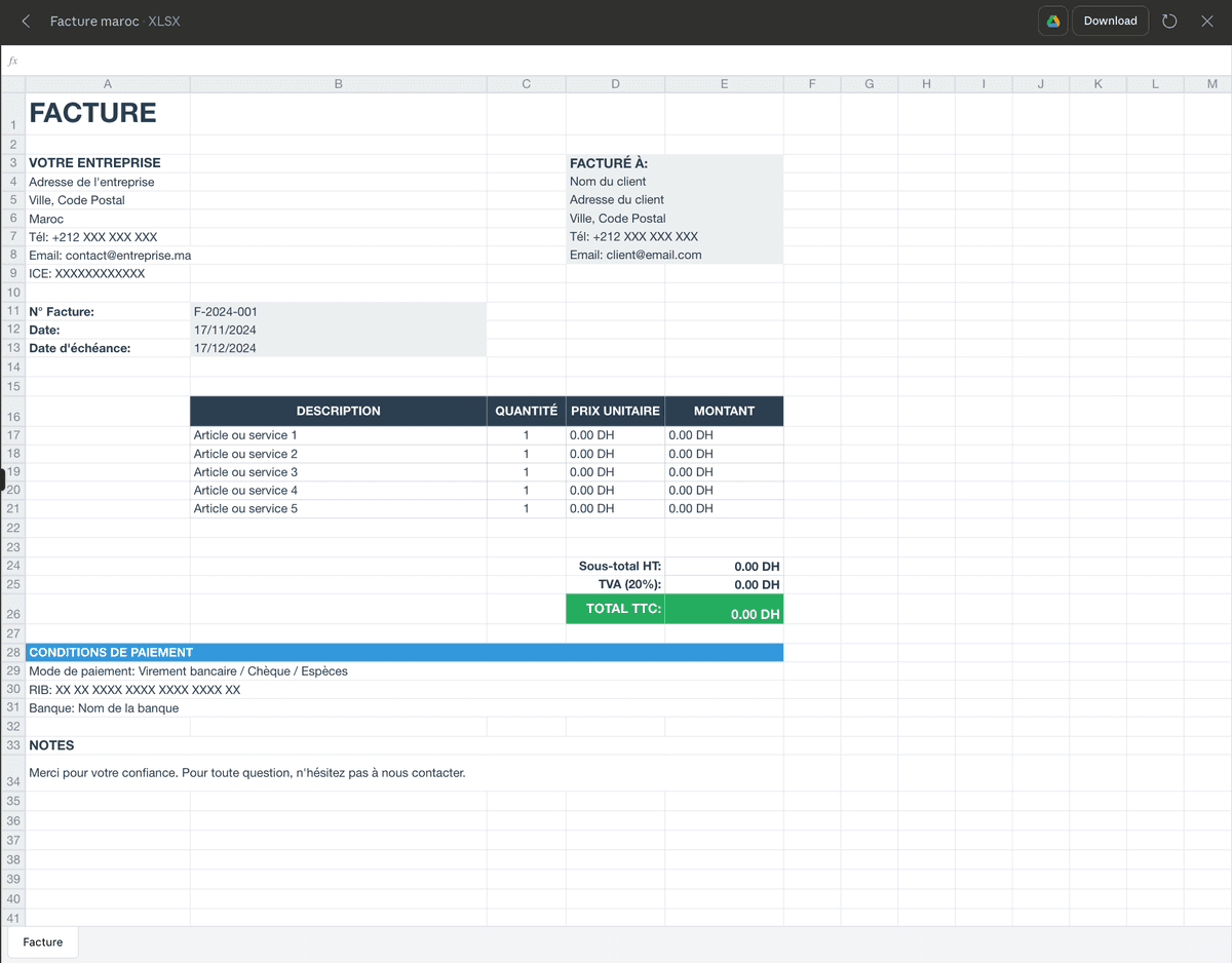 Modèle de Facture Professionnelle Excel pour Entreprises Marocaines