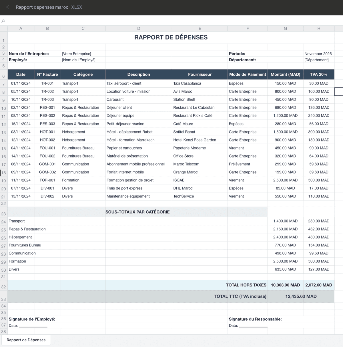 Rapport de Dépenses Excel Professionnel - Modèle Marocain en Français (MAD)