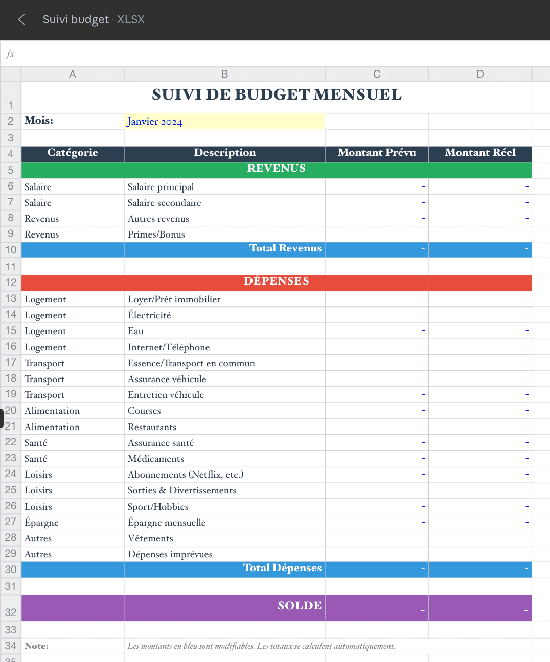 Tracker de Budget Mensuel Excel - Suivi des Finances Personnelles en Français