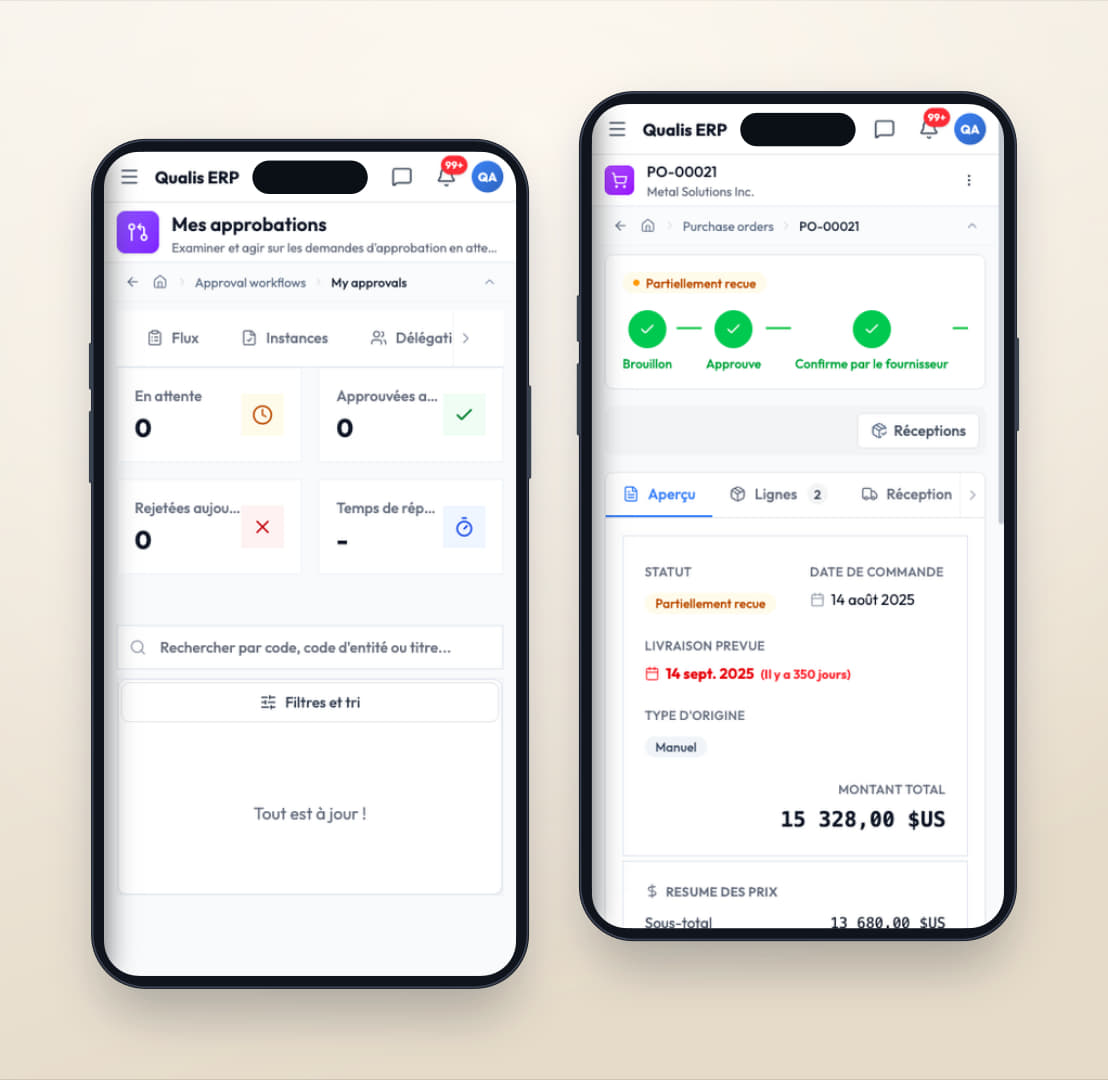 File des demandes en attente d'approbation consultée depuis un téléphone, avec le document concerné ouvert