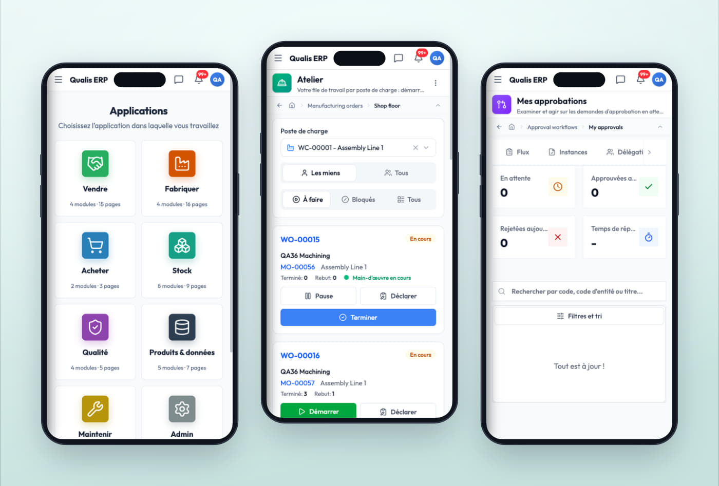 Trois écrans de téléphone montrant la page des applications, la file de travail de l'atelier et les approbations en attente