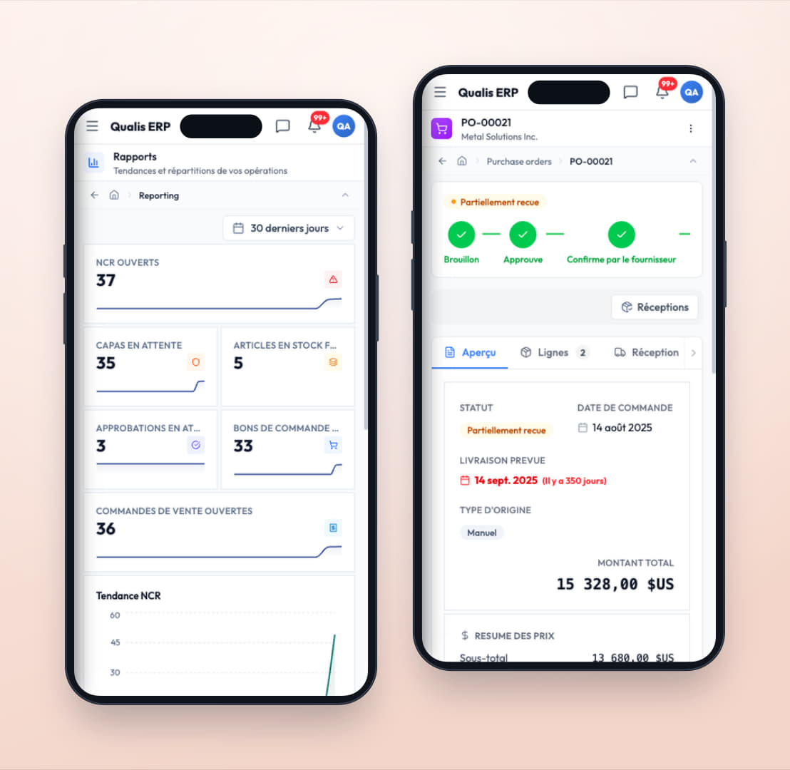 Un rapport et un bon de commande consultés depuis un navigateur mobile, en déplacement