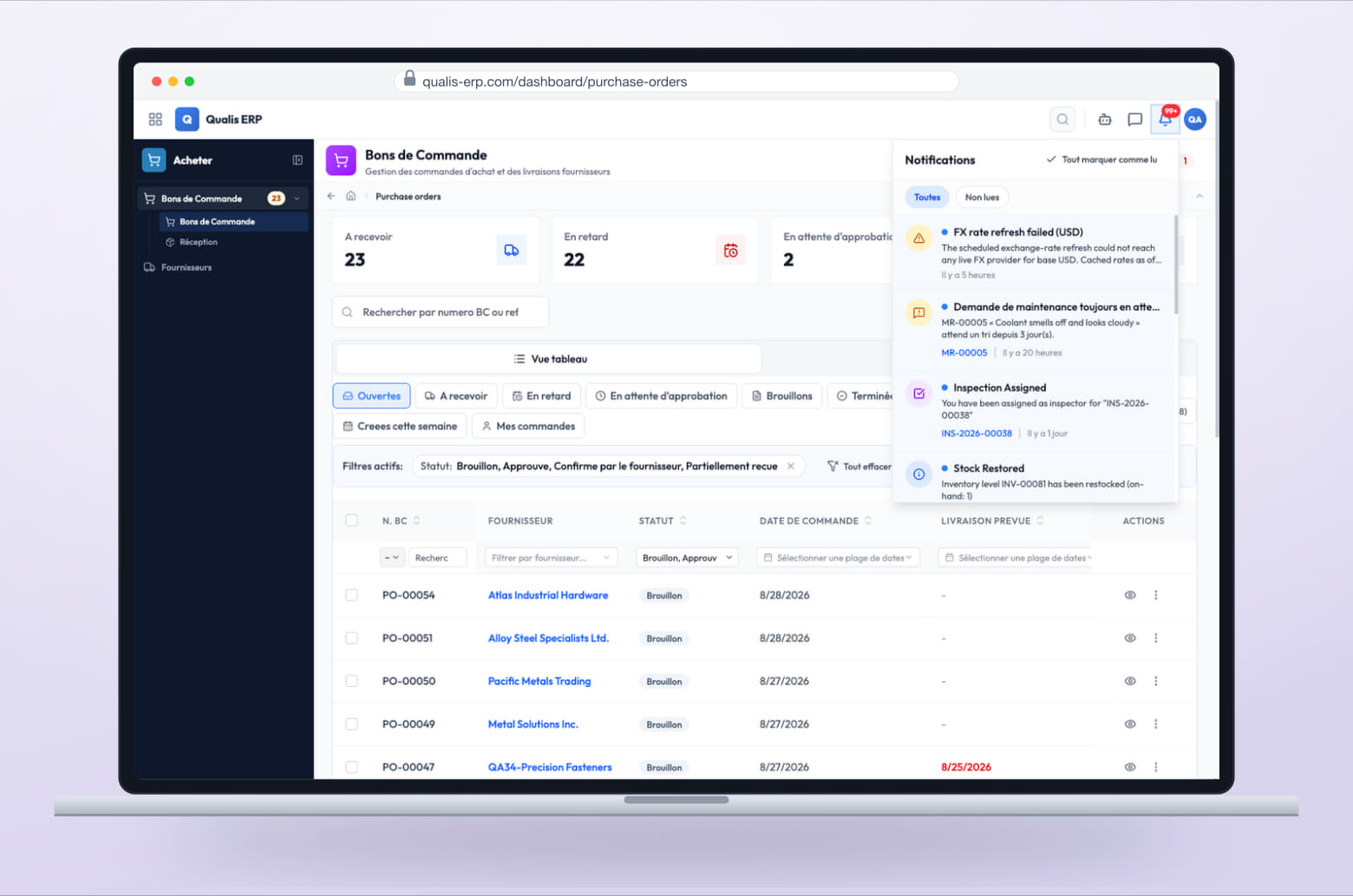 Liste de notifications où chaque alerte renvoie directement à la commande, la tâche ou le document qui l'a déclenchée