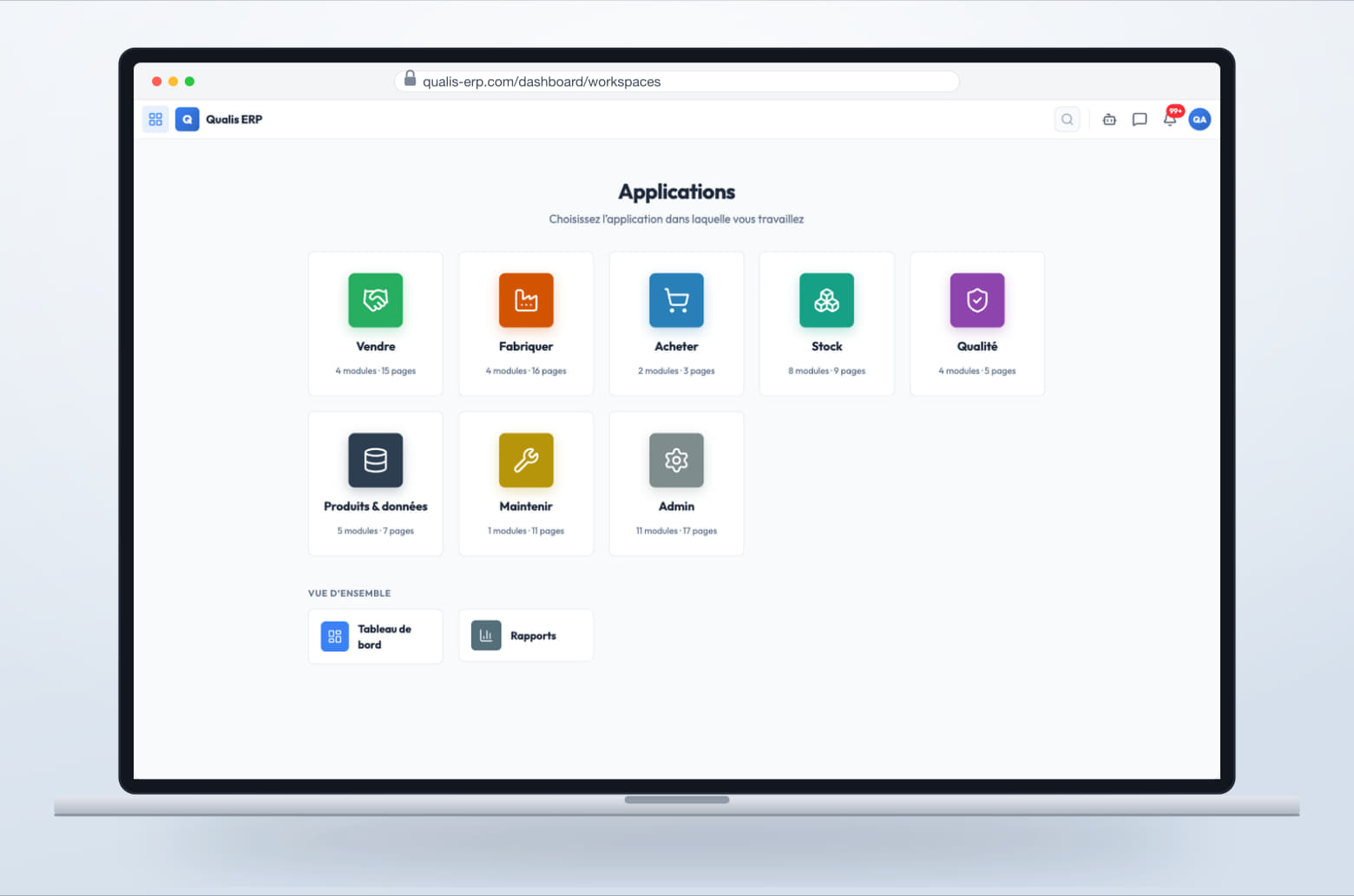 Page Applications regroupant les modules par domaine métier, achats, production, stock et qualité