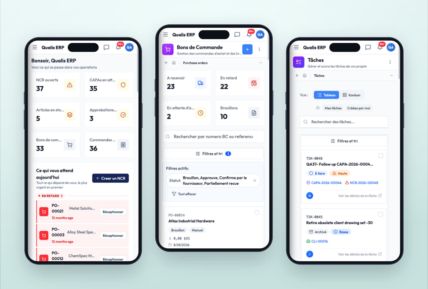 La même application ouverte sur téléphone, avec le tableau de bord, les bons de commande et les tâches