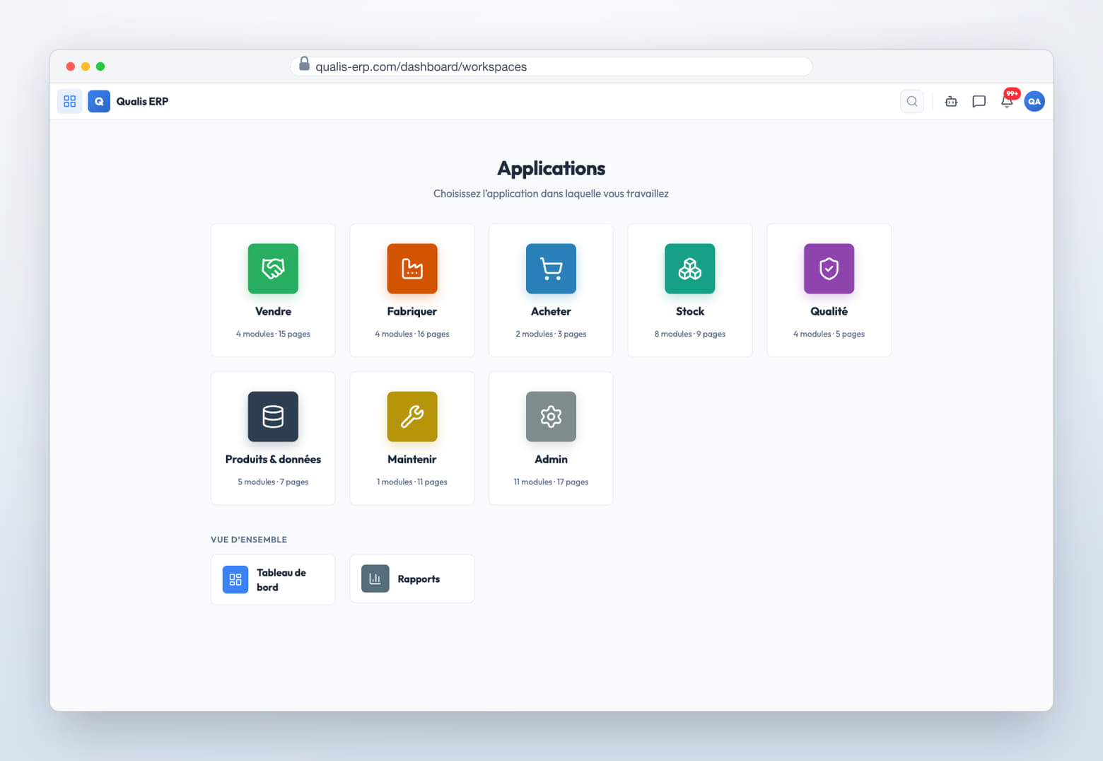 Page Applications d'un ERP modulaire, chaque application affichant le nombre de modules qu'elle contient