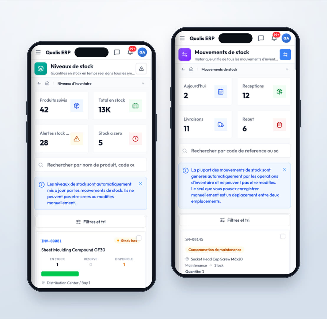 Consultation des quantités et des derniers mouvements de stock depuis un téléphone, sur un écran adapté au format mobile